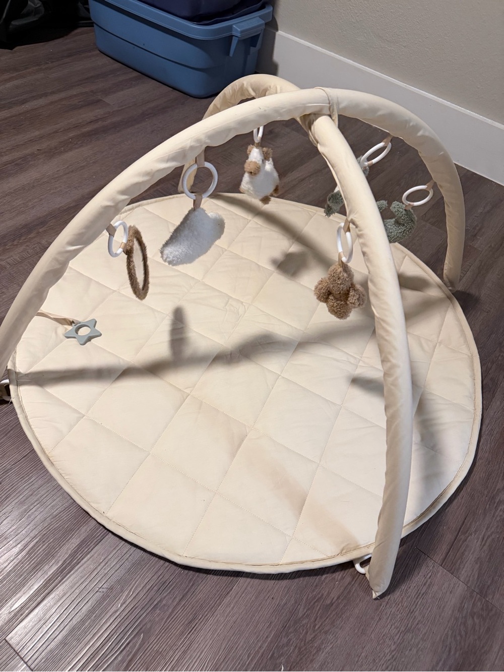 Neutral Cream Quilted Baby Play Gym with Hanging Plush Toys